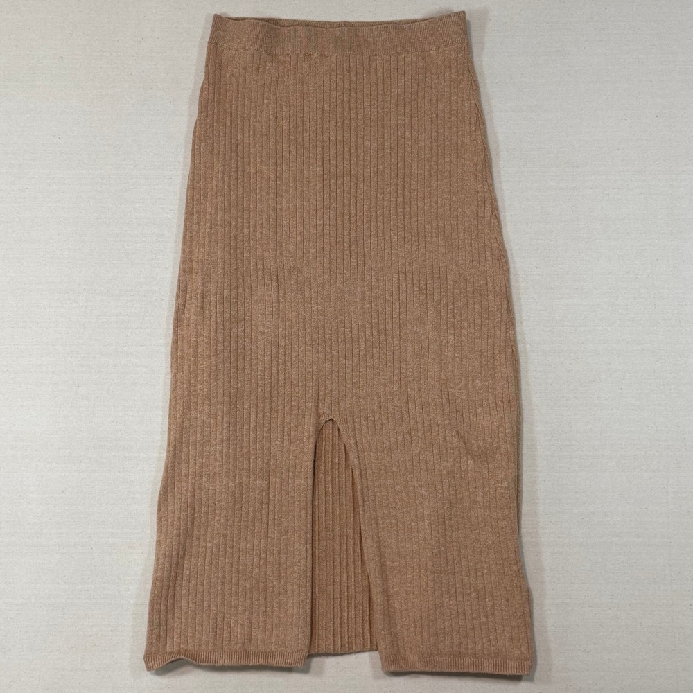Free People Ribbed Knit Skyline Midi Skirt Front Slit Camel Brown Small
